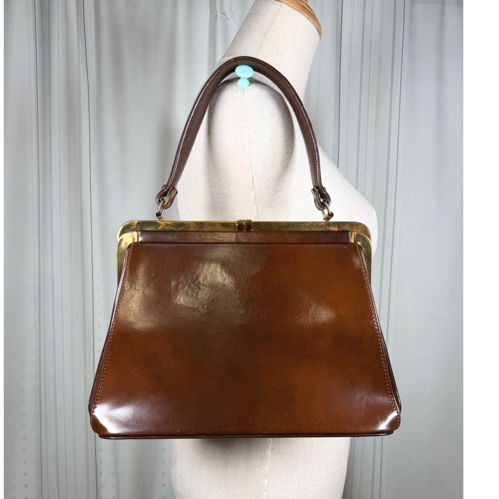 Vintage USA Leather Kisslock Satchel Bag Micro Zipper Brown Frame Handbag